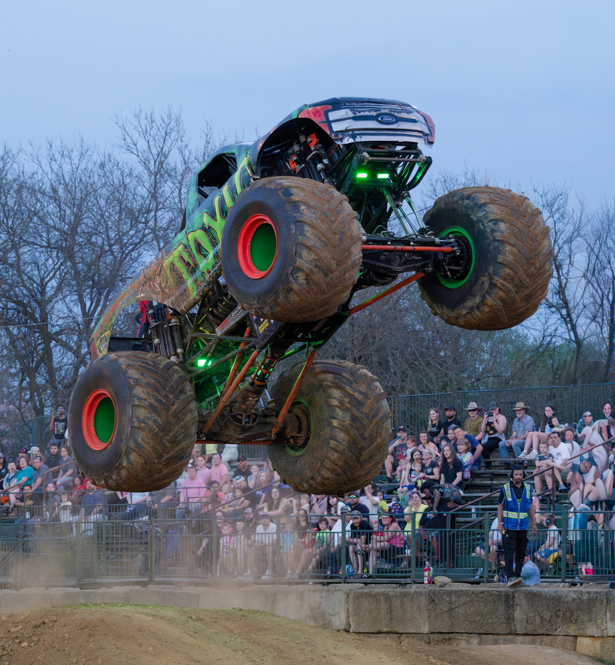The Toxic Monster Truck hitting a jump during the freestyle competition