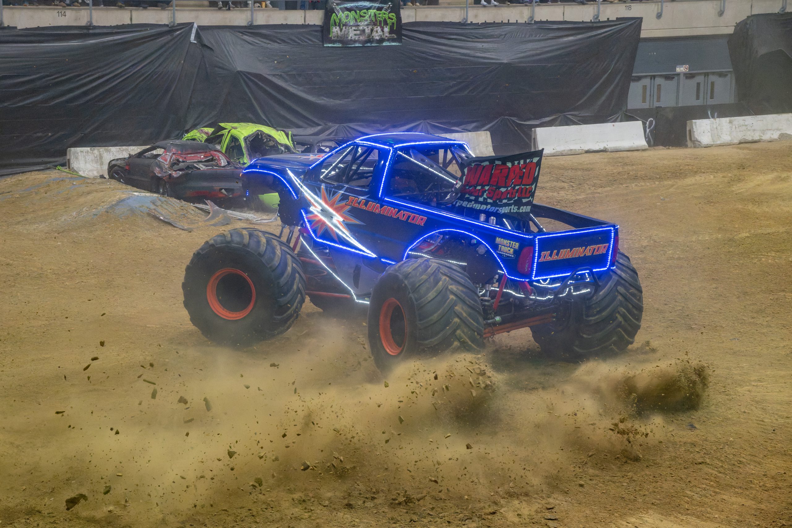 Illuminator Monster Truck performing a donut during the freestyle competition in Salisbury, MD at the Wicomico Youth & Civic Center in 2026