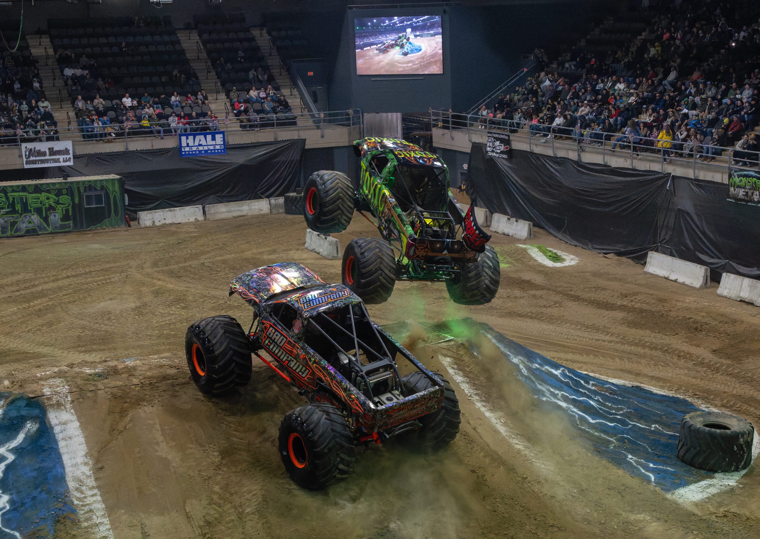 Toxic Monster Truck defeating the Bad Company monster truck in the head to head racing competition at the Wicomico Youth & Civic Center in Salisbury, MD 2026