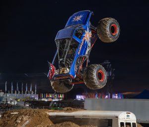 Illuminator Monster Truck performing a picture perfect sky wheelie during the freestyle competition at the Montgomery County Fair in Gaithersburg, MD - driver Daniel Donnelly